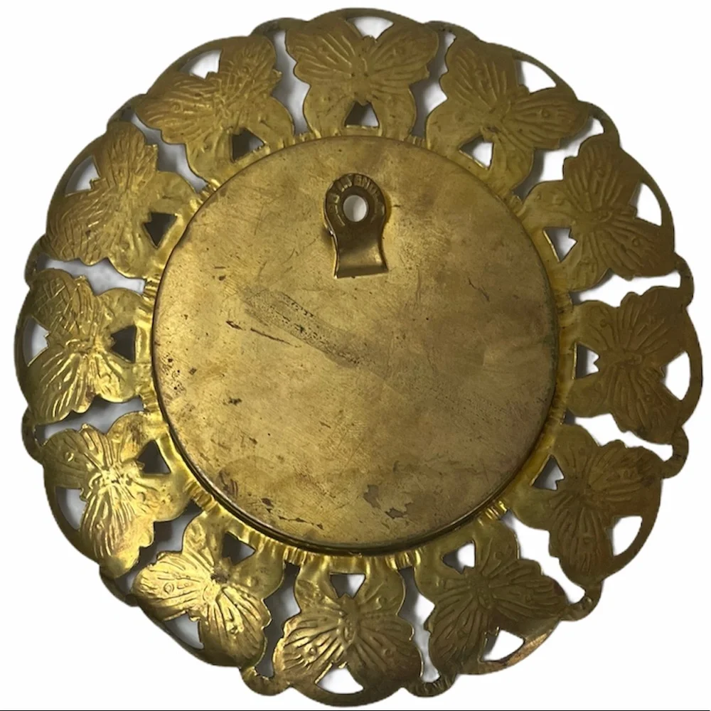 Vintage Antique Metal Gold Framed Wall Art Picture Girl Hat Butterfly Gold Frame